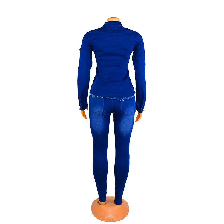 R&G Boutique women's denim suit featuring a stylish matching denim jacket and pants, casual and trendy for everyday wear.