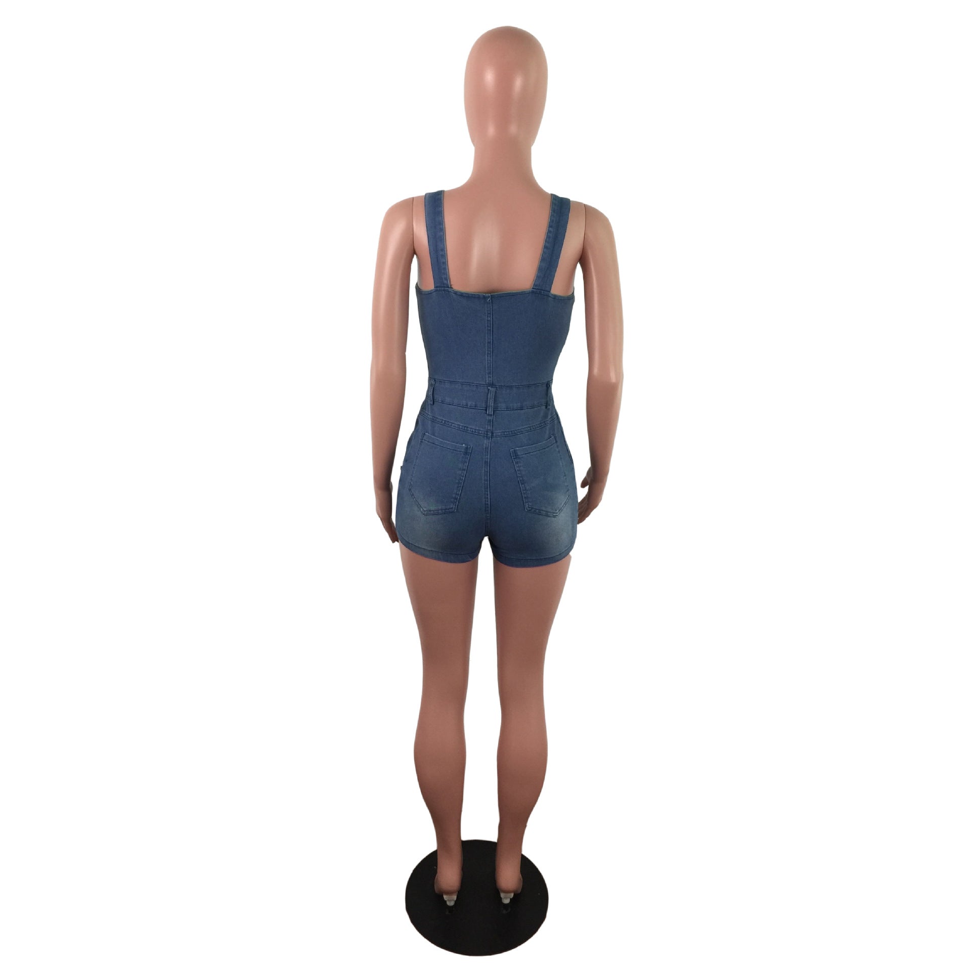 All Season Gifts denim slim jumpsuit displayed on a hanger, featuring a fitted style and classic blue denim fabric.
