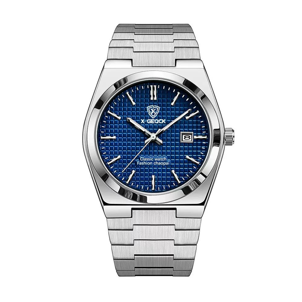 Men's Swiss quartz watch with butterfly clasp from R&G Boutique, featuring a sleek design and stainless steel band.