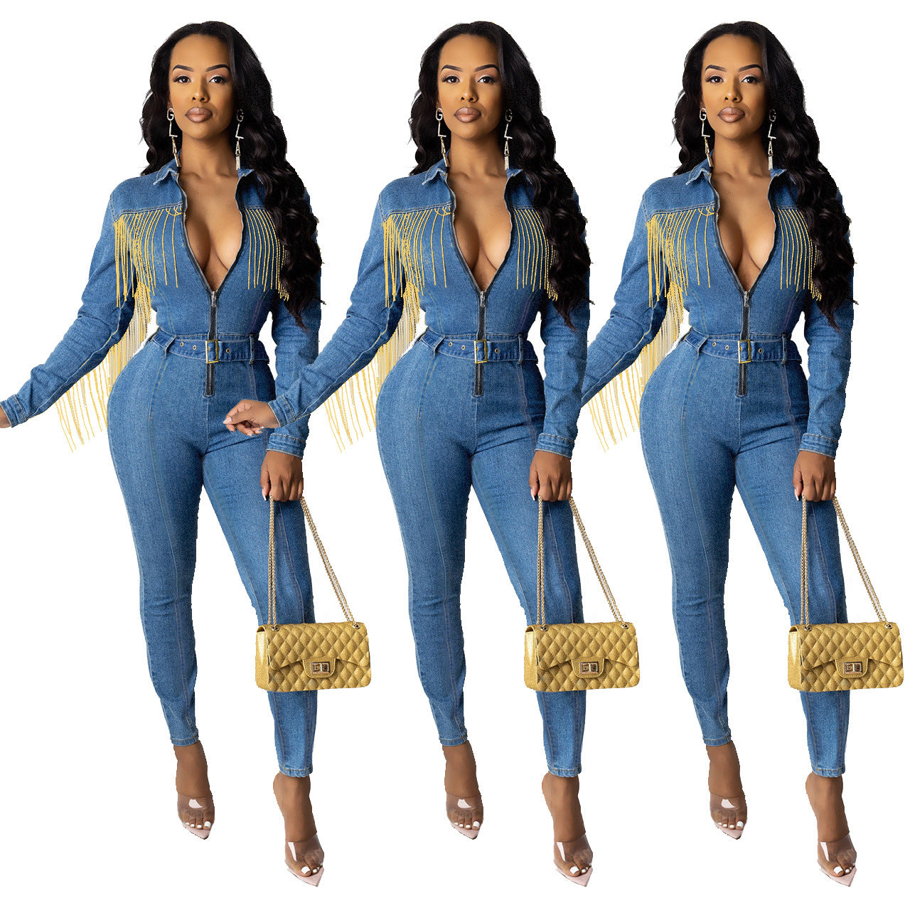 R&G Boutique fringed denim jumpsuit with wide legs and distressed details, shown on a model in a casual outdoor setting.