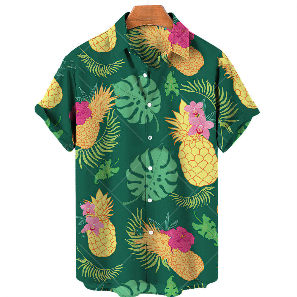 R&G Boutique casual Hawaiian shirt with colorful fruit print, lightweight fabric, short sleeves, and button-up front.