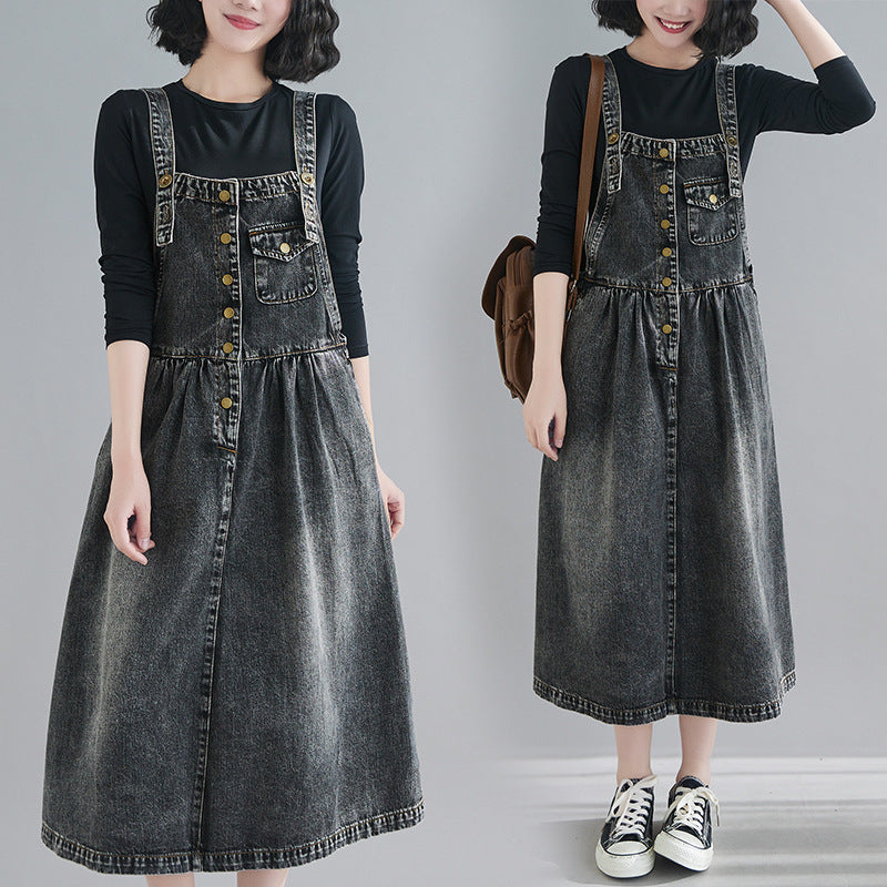 R&G Boutique denim suspender skirt dress with adjustable straps and classic denim fabric, styled for casual wear.