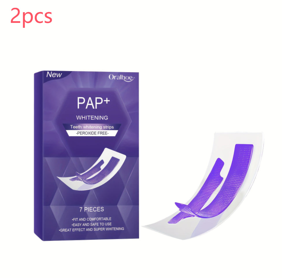 R&G Boutique whitening teeth strips in purple, dry-application mouth care product for brightening teeth, shown on a white background.