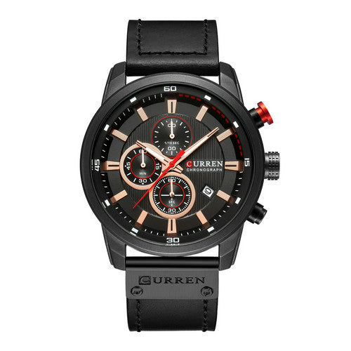 Men's quartz watch with black leather strap and round silver dial, stylish R&G Boutique timepiece on wrist.