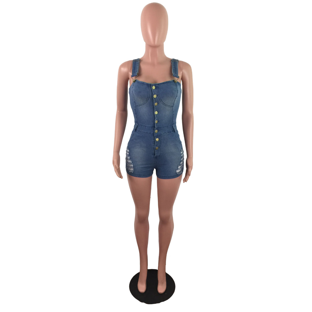 Slim fit denim jumpsuit by All Season Gifts featuring classic blue denim fabric and a stylish, modern design.