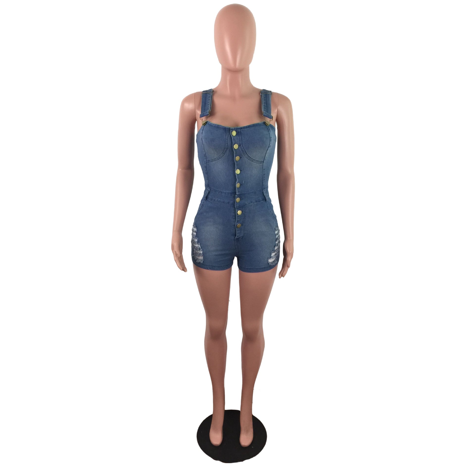 Slim fit denim jumpsuit by All Season Gifts featuring classic blue denim fabric and a stylish, modern design.