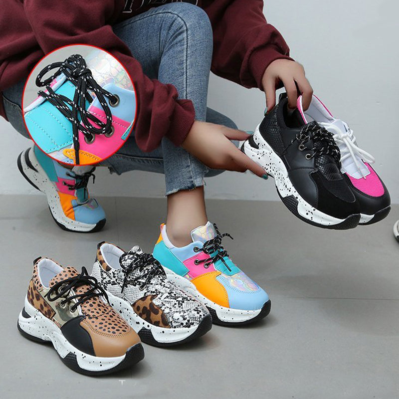 Leopard print women’s lace-up sneakers from R&G Boutique, ideal for walking and running, with stylish sports shoe design.