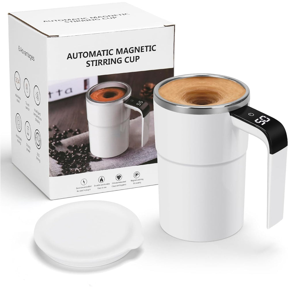Rechargeable 12oz R&G Boutique self-stirring coffee mug with LED display showing temperature, auto magnetic stirring gadget.
