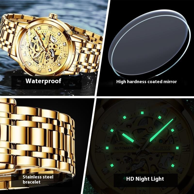 Men's automatic mechanical hollowing watch by R&G Boutique with a sleek dial and stainless steel strap.
