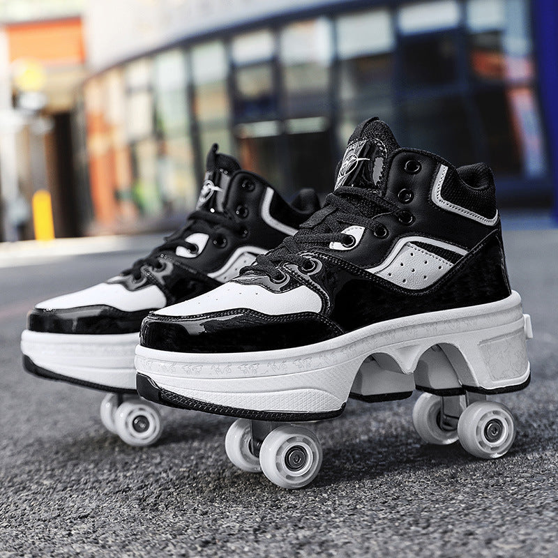 Women's fashionable minimalist retractable roller skates by R&G Boutique, showing sleek design and compact folding feature.