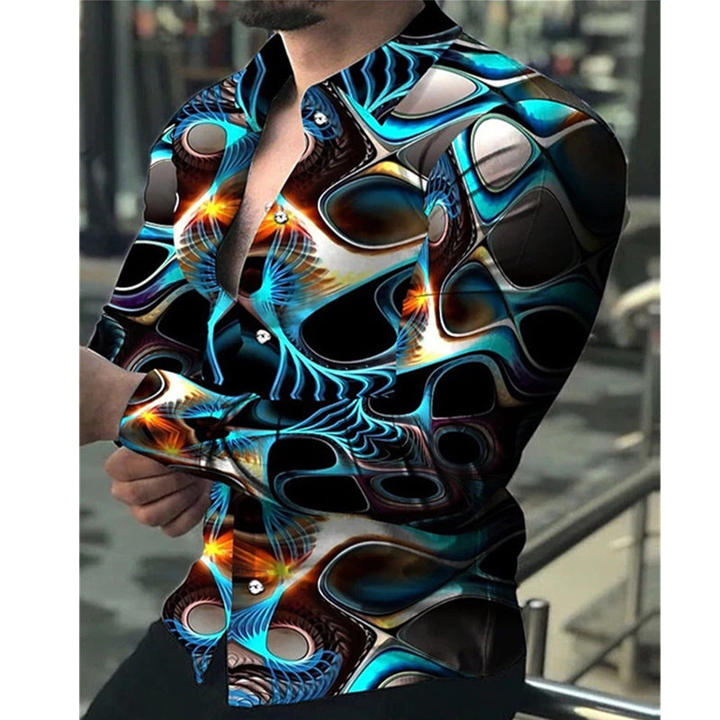 Men's long sleeve shirt with geometric print by R&G Boutique, featuring a modern pattern on a casual shirt.