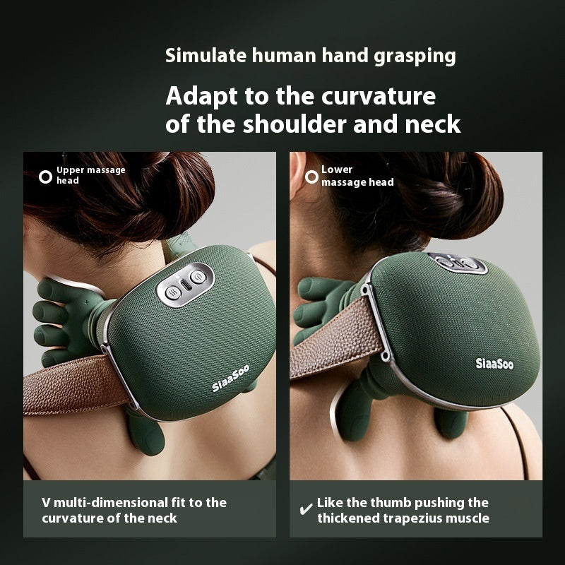 Wireless electric neck and shoulder muscle massager by R&G Boutique, showing the device with massage nodes on a user's neck.