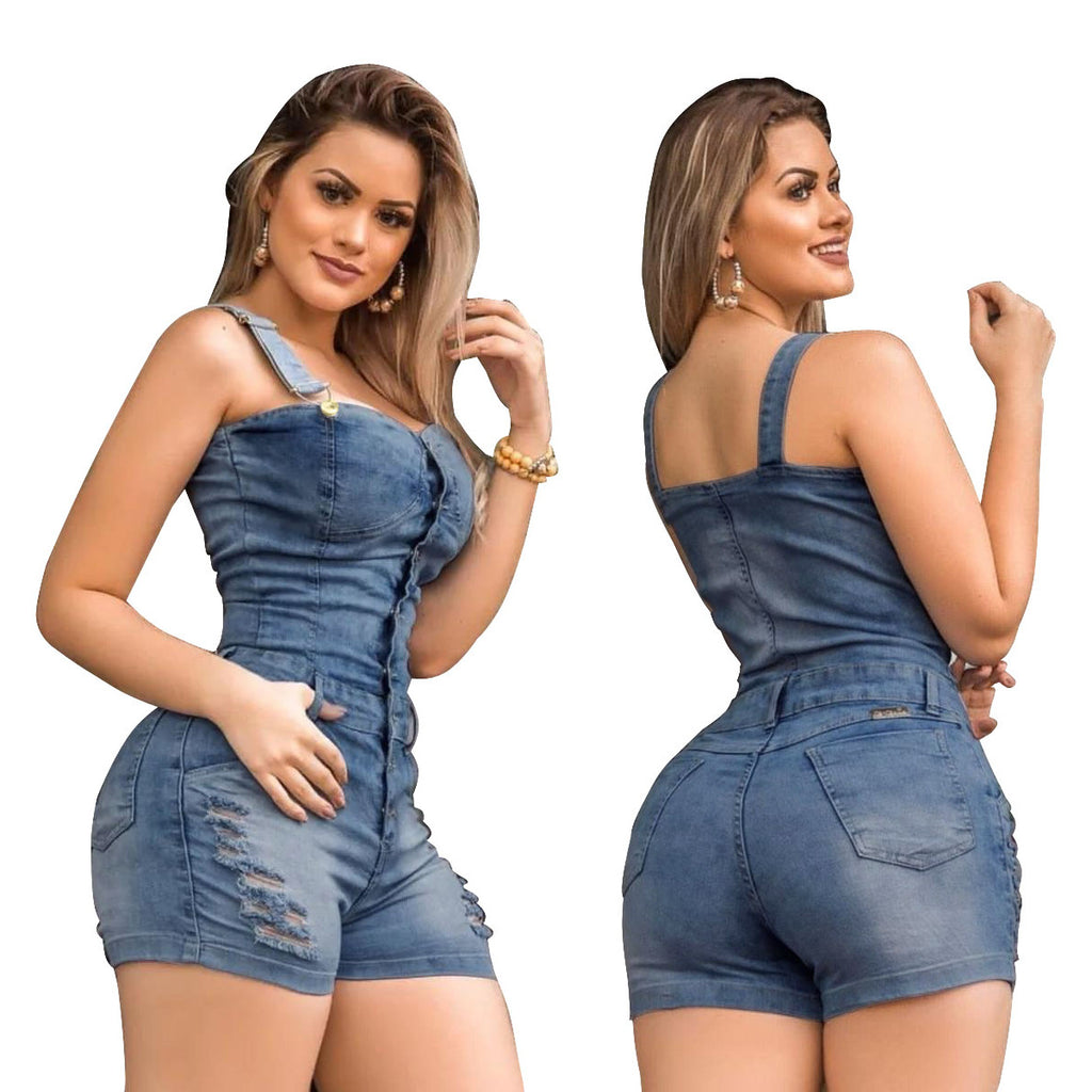 Slim-fit denim jumpsuit by All Season Gifts, featuring a modern design and classic blue denim fabric.