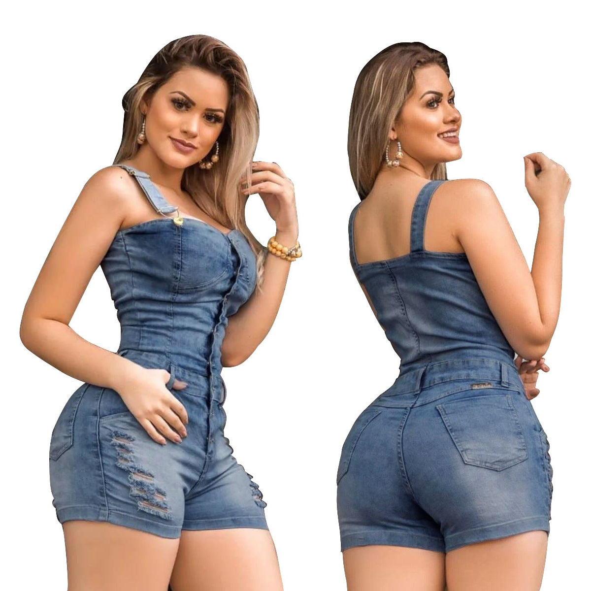 Slim-fit denim jumpsuit by All Season Gifts, featuring a modern design and classic blue denim fabric.
