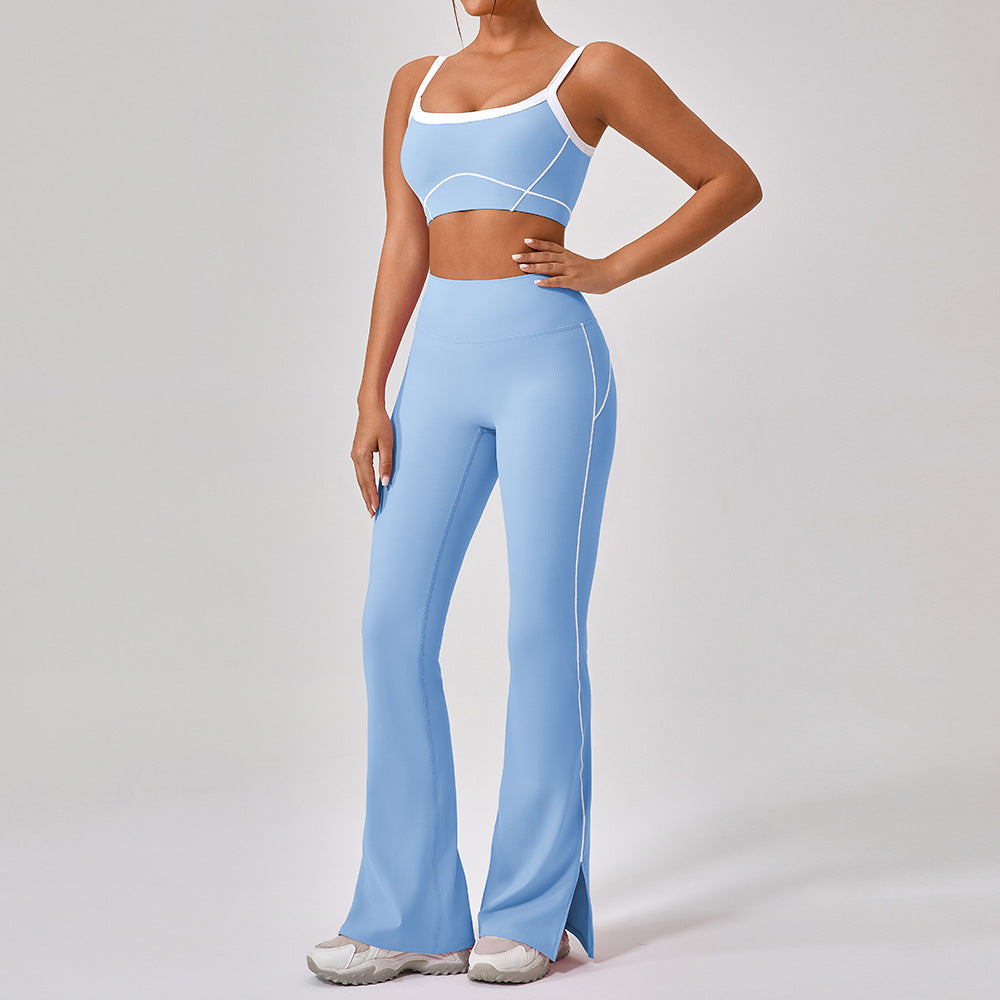 Women's outdoor sports yoga suit from R&G Boutique, contrast color fitness set with spaghetti straps and athletic design.