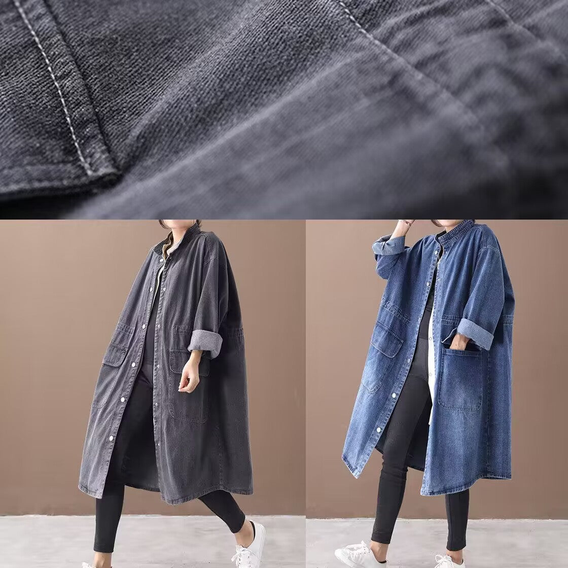 Elegant Korean style denim shirt dress by R&G Boutique featuring a slim fit, vintage design, single-breasted coat look, versatile fashion.