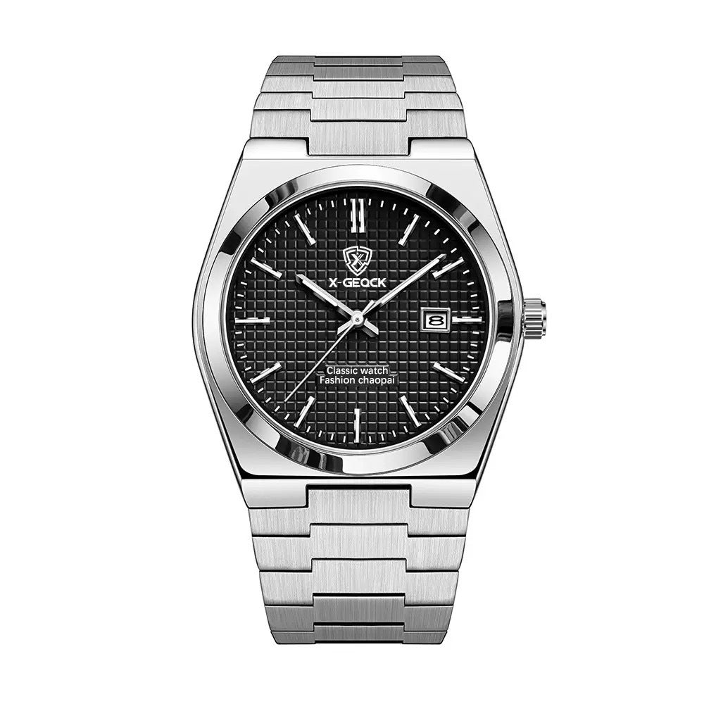 Men's Swiss quartz watch with butterfly clasp from R&G Boutique, featuring a sleek design and stainless steel band.