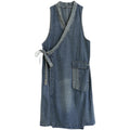 Vintage denim waistcoat camisole dress with diagonal placket and lace-up detail, medium length, by R&G Boutique.