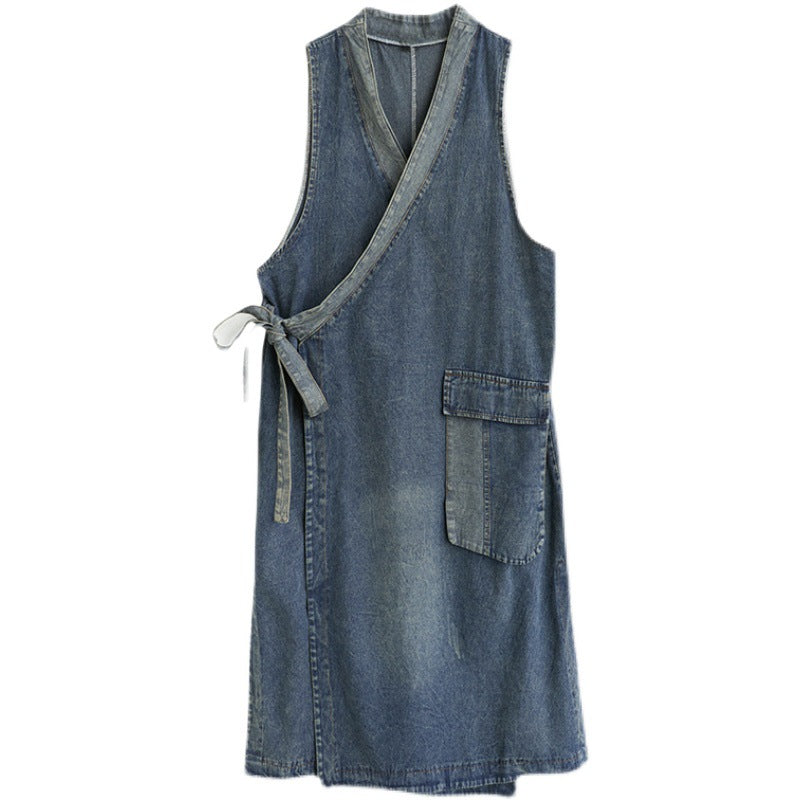 Vintage denim waistcoat camisole dress with diagonal placket and lace-up detail, medium length, by R&G Boutique.
