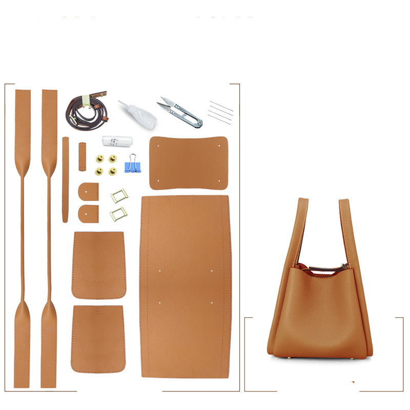 Hand sewing leather bags with natural leather by R&G Boutique, showcasing craftsmanship and detailed leatherwork in progress.