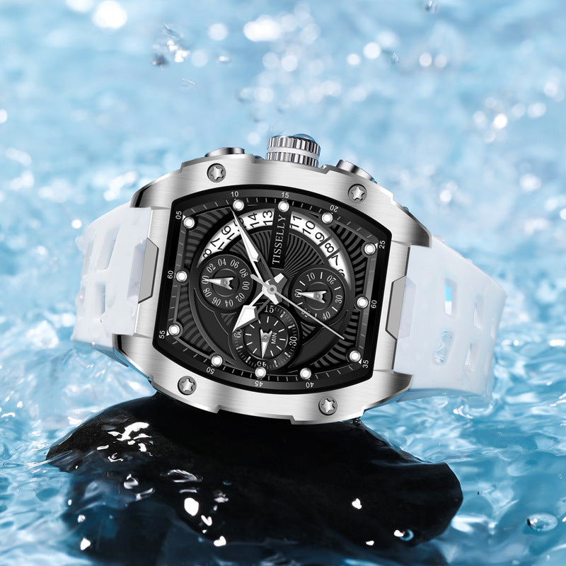 Luminous waterproof curved barrel-shaped quartz watch by R&G Boutique with glowing dial and sleek design.