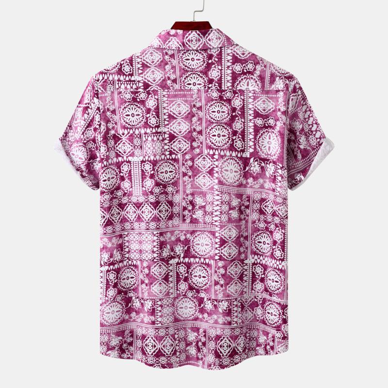 Men's vintage print short sleeve shirt by R&G Boutique featuring classic design and colorful pattern on lightweight fabric.