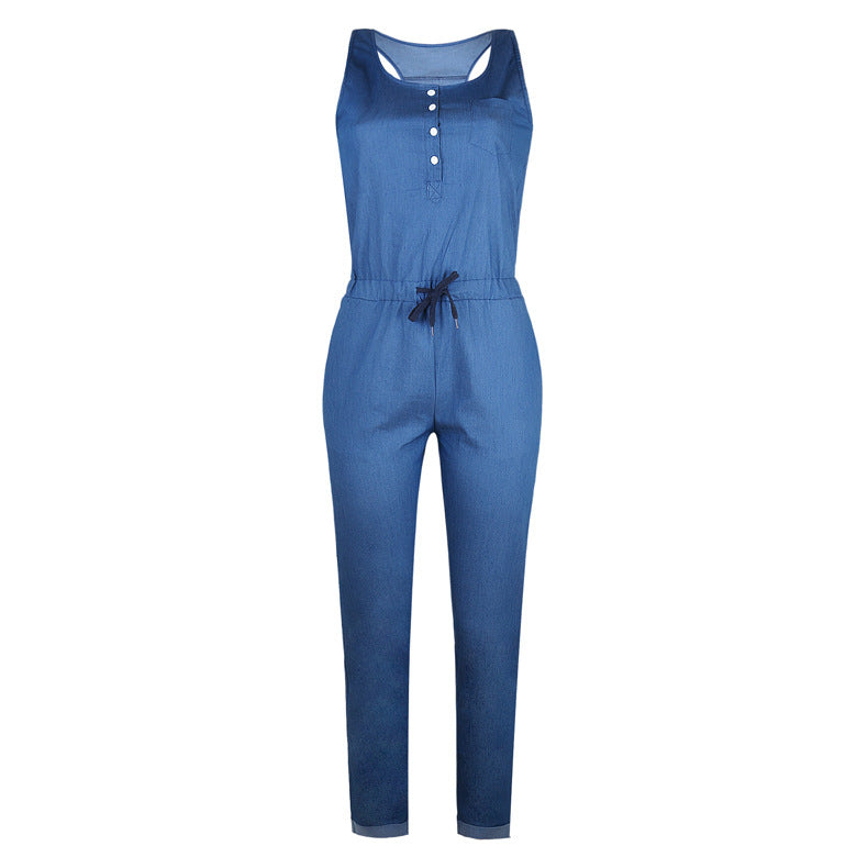 R&G Boutique denim sleeveless jumpsuit displayed on a hanger, showcasing its casual, stylish design and light blue color.