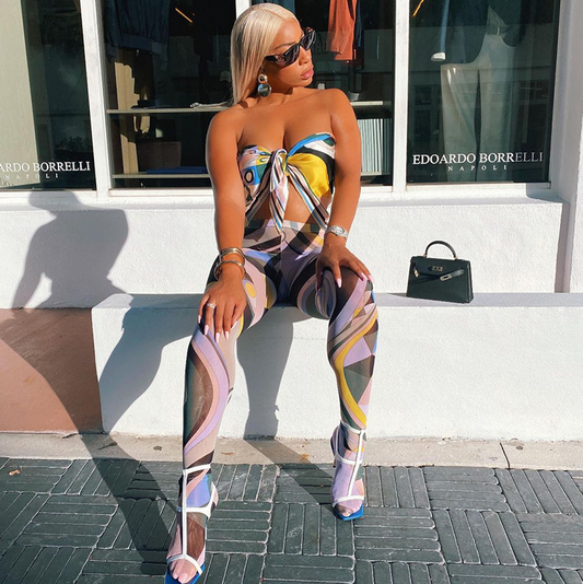 Vintage Print Mesh Patchwork Leggings