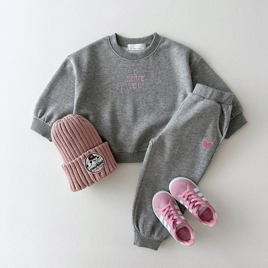 Kids' embroidered letter love sweater and two-piece suit by R&G Boutique, featuring comfortable knit fabric and colorful embroidery.