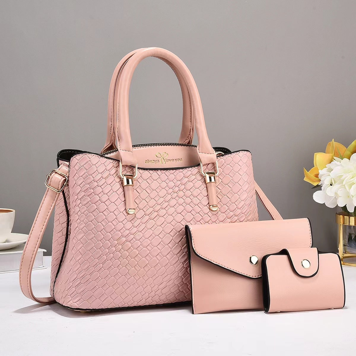Woven texture three-piece set of large capacity one-shoulder bags by R&G Boutique, showcasing stylish design and spacious compartments.