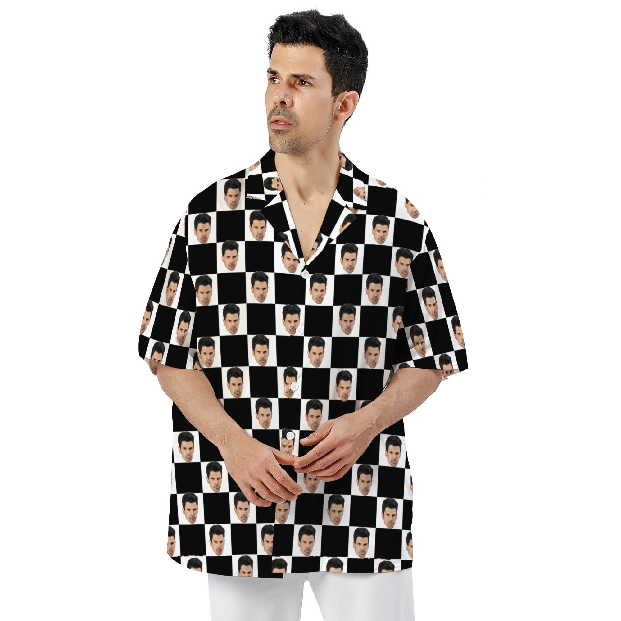 Customized face print shirt from R&G Boutique featuring a unique, personalized design on a stylish casual shirt.