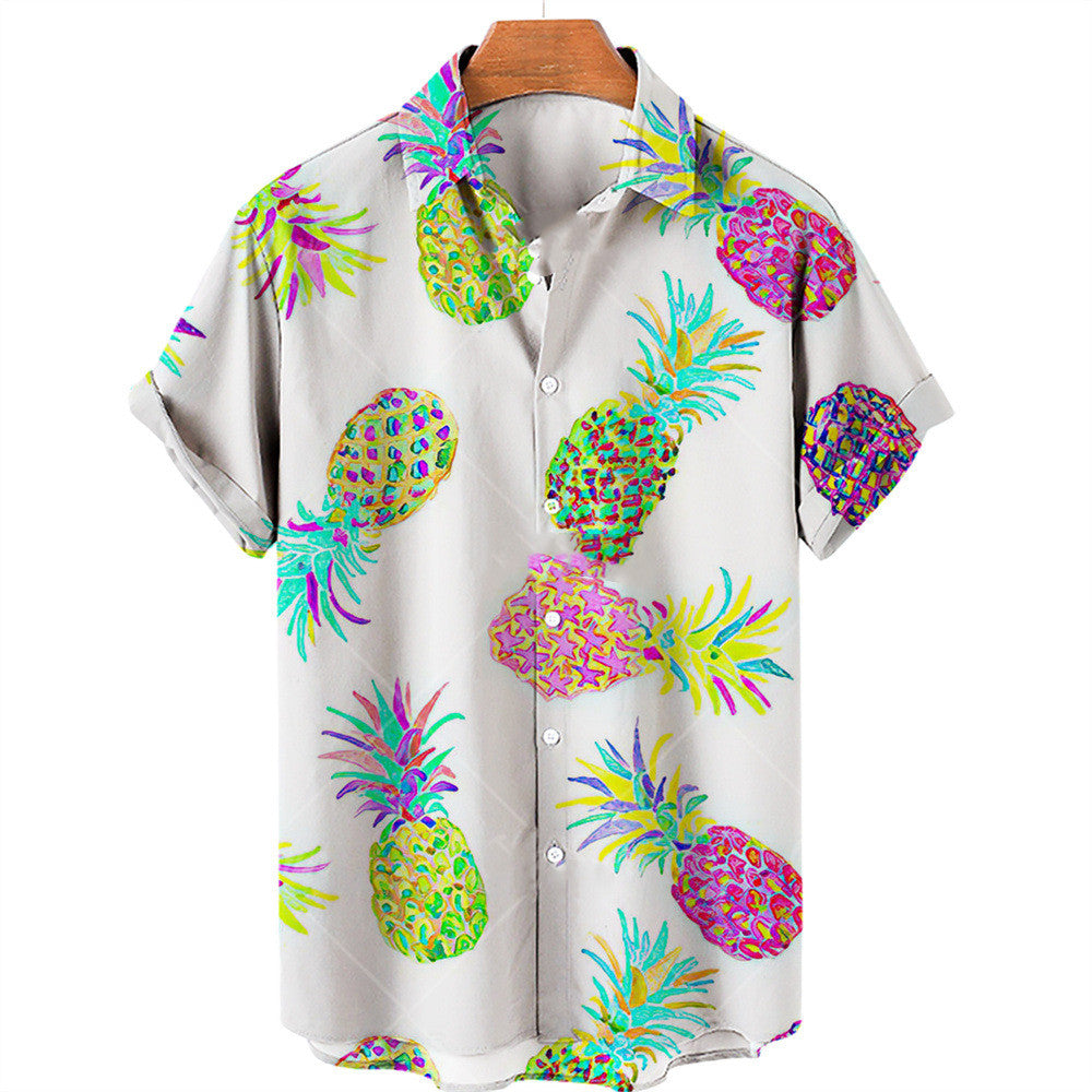 R&G Boutique casual Hawaiian shirt with colorful fruit print, lightweight fabric, and relaxed fit for summer and vacation wear.