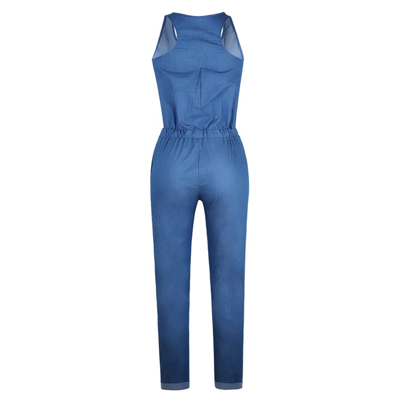 R&G Boutique denim sleeveless jumpsuit with a fitted bodice and wide-leg pants, displayed on a hanger.