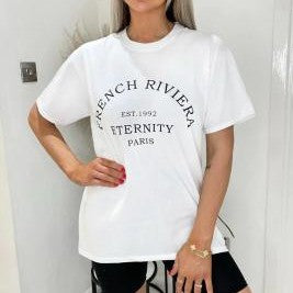 R&G Boutique fashion letter print short-sleeved shirt with colorful letter designs on lightweight fabric.