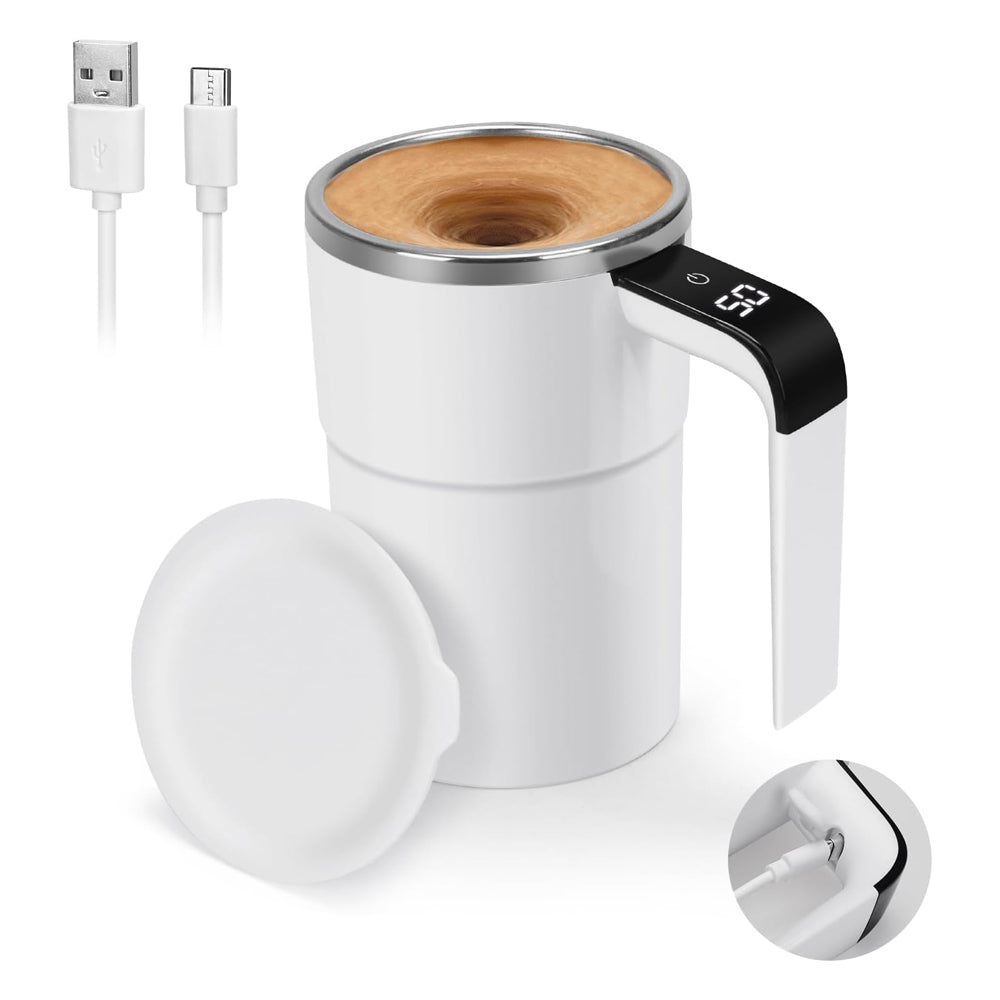 Rechargeable 12oz R&G Boutique self-stirring coffee mug with auto magnetic lid and LED temperature display, gadget for coffee lovers.