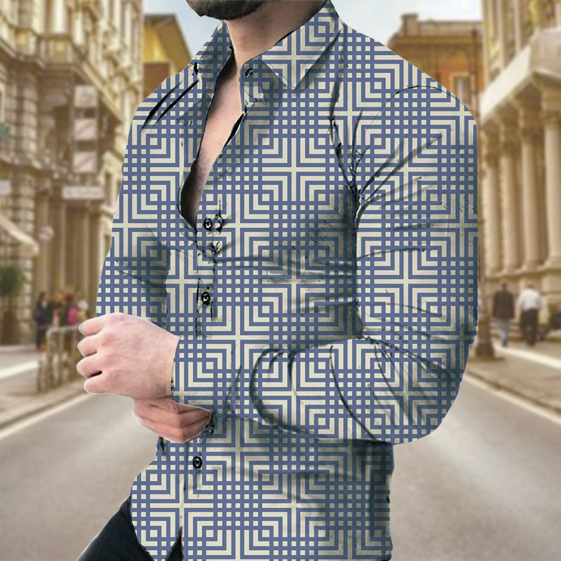 Men's long sleeve shirt with geometric print from R&G Boutique, featuring a stylish pattern on the fabric.