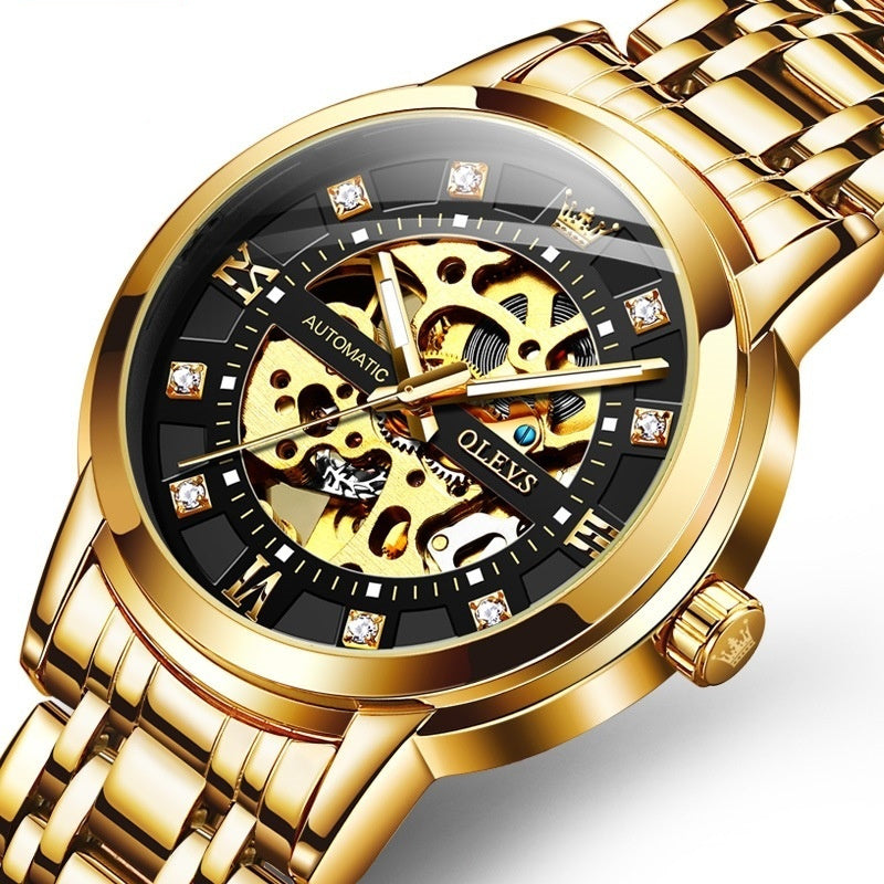 Men's automatic mechanical hollow watch with visible movement and leather strap from R&G Boutique, detailed and stylish in close-up.