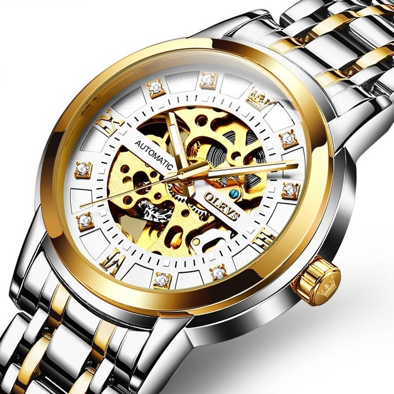 Men's automatic mechanical hollowing watch by R&G Boutique with a sleek design and exposed movement visible through the dial.