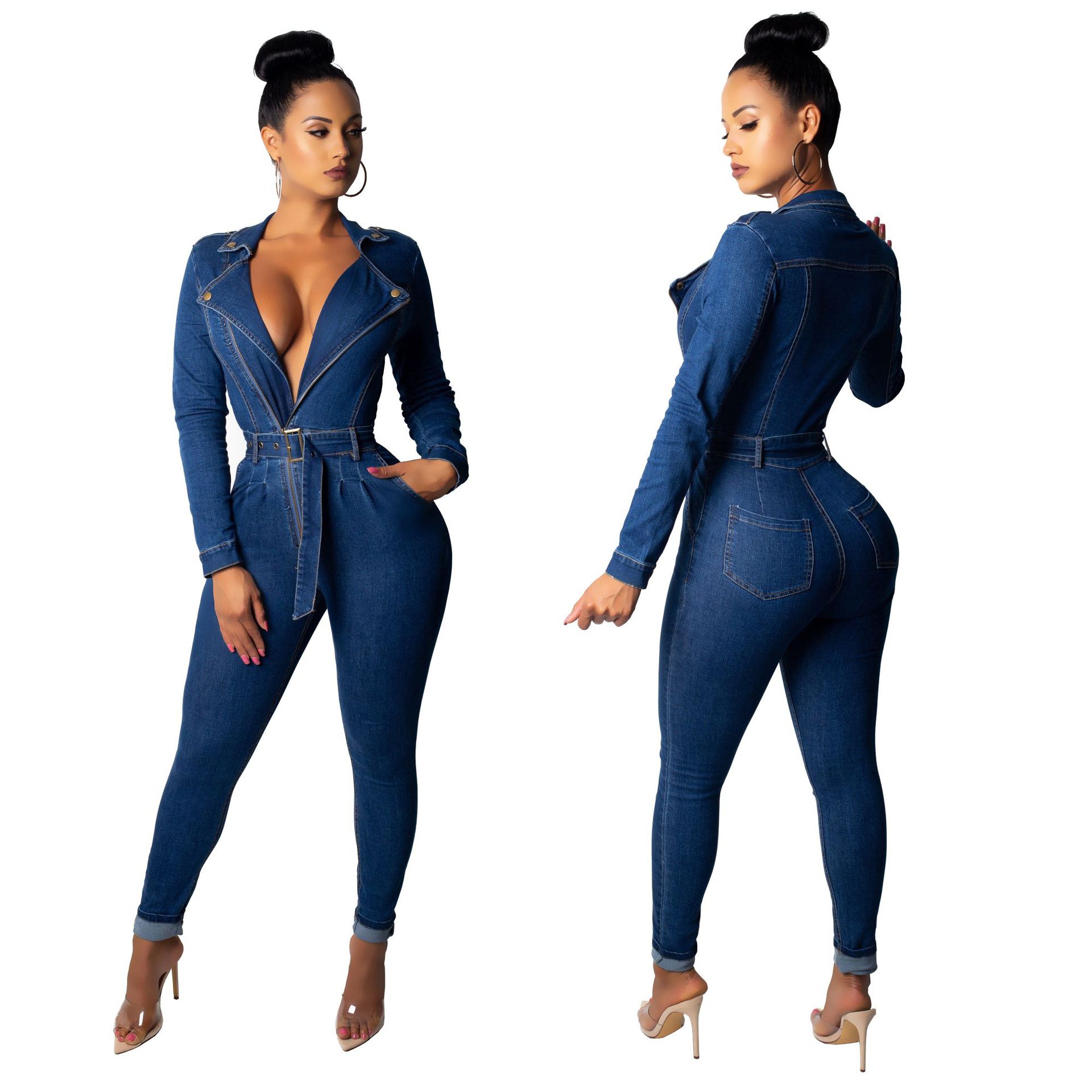 R&G Boutique denim women's bodysuit featuring a fitted design, long sleeves, and classic blue denim fabric.
