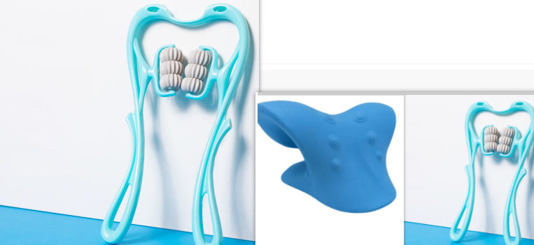 Manual six-wheel neck massager by R&G Boutique with six rolling wheels for pain relief and muscle relaxation in a beauty product image.
