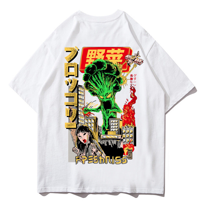 Couple wearing Wild Vegetable Print T-shirts by R&G Boutique, featuring vibrant vegetable-themed graphic designs.