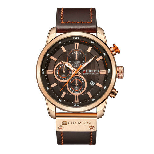 Men's quartz watch with black leather strap and silver dial, stylish wristwatch by R&G Boutique.