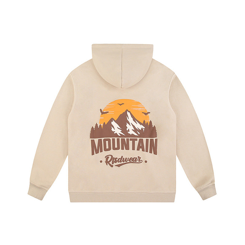 Men's loose hoodie with mountain foam print in black, made by R&G Boutique, featuring a casual, comfortable design.