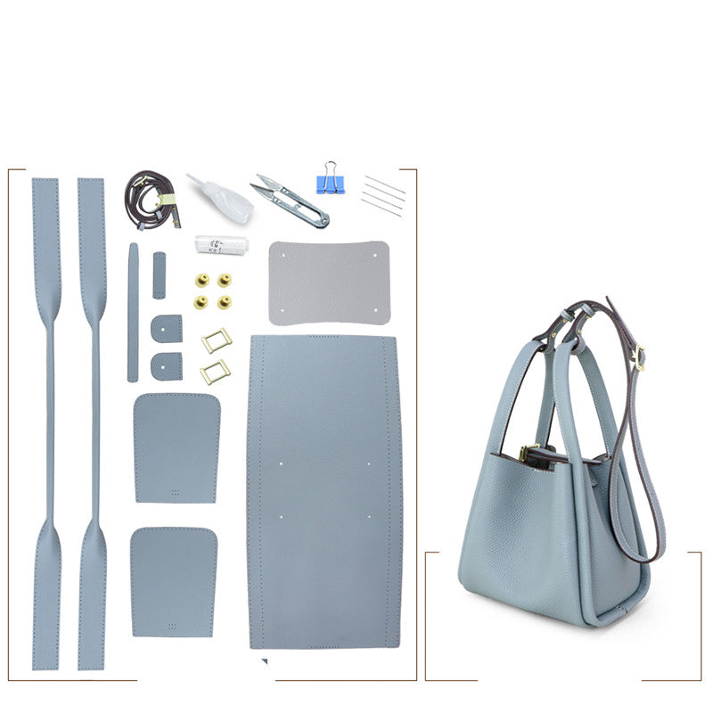 Hand sewing leather bags with tools and materials for making handmade leather goods, showcasing craftsmanship and detailed stitching.