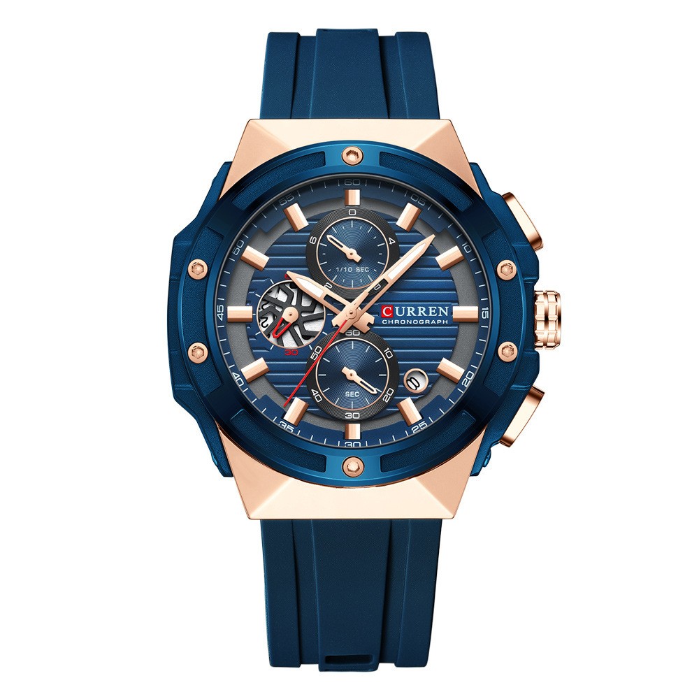Men's R&G Boutique Six-pin Tape Quartz Watch with black dial and stainless steel strap, showing time and date on the watch face.
