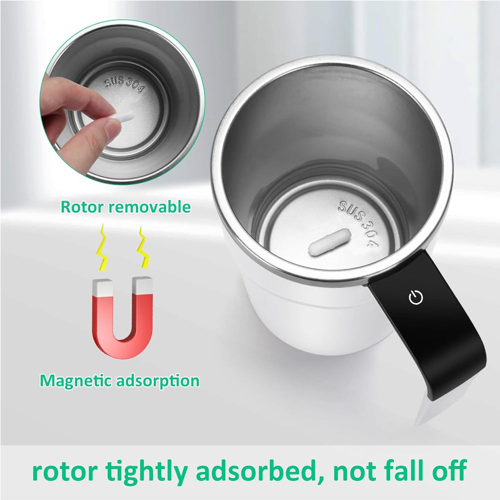 Rechargeable 12oz R&G Boutique self-stirring coffee mug with LED temperature display and auto magnetic mixing feature.