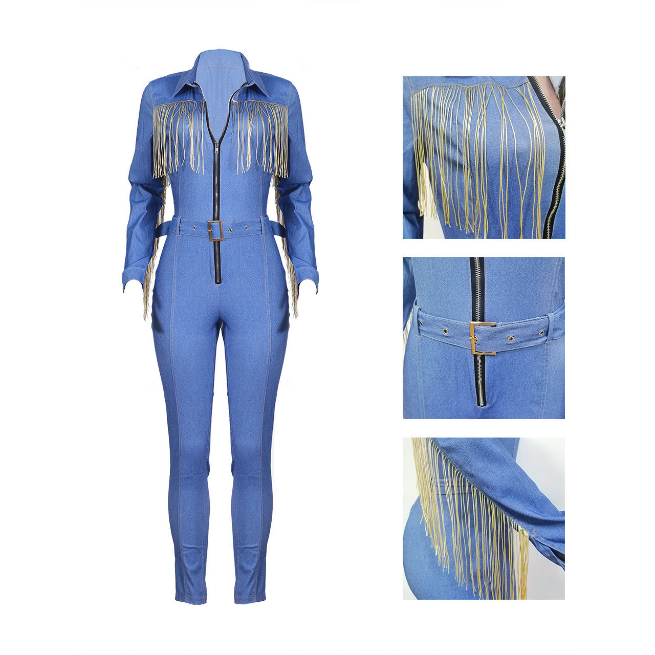 R&G Boutique fringed denim jumpsuit with wide legs and fringe details, displayed on a hanger against a plain background.