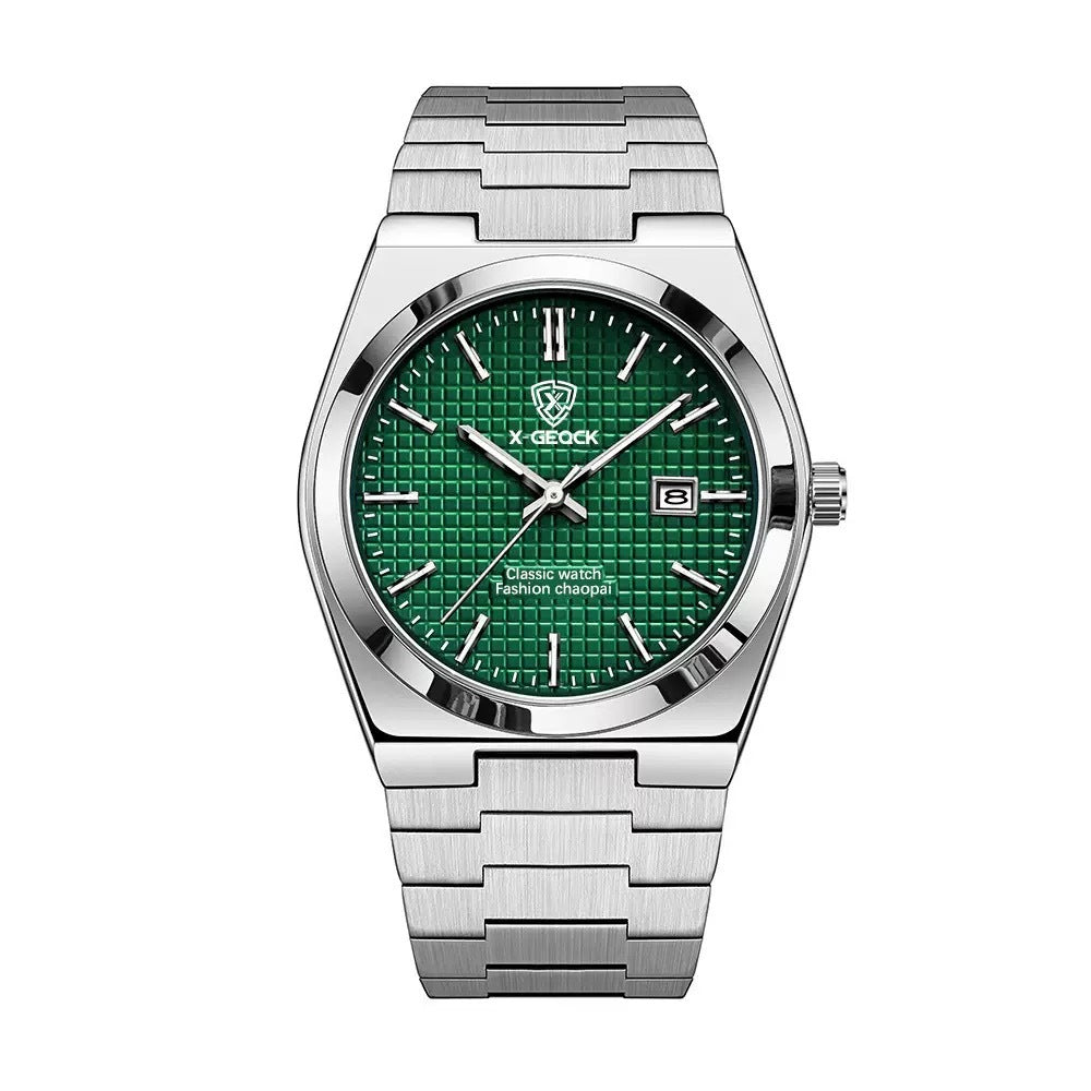 Men's Swiss quartz watch with butterfly clasp from R&G Boutique, featuring a sleek dial and stainless steel band.