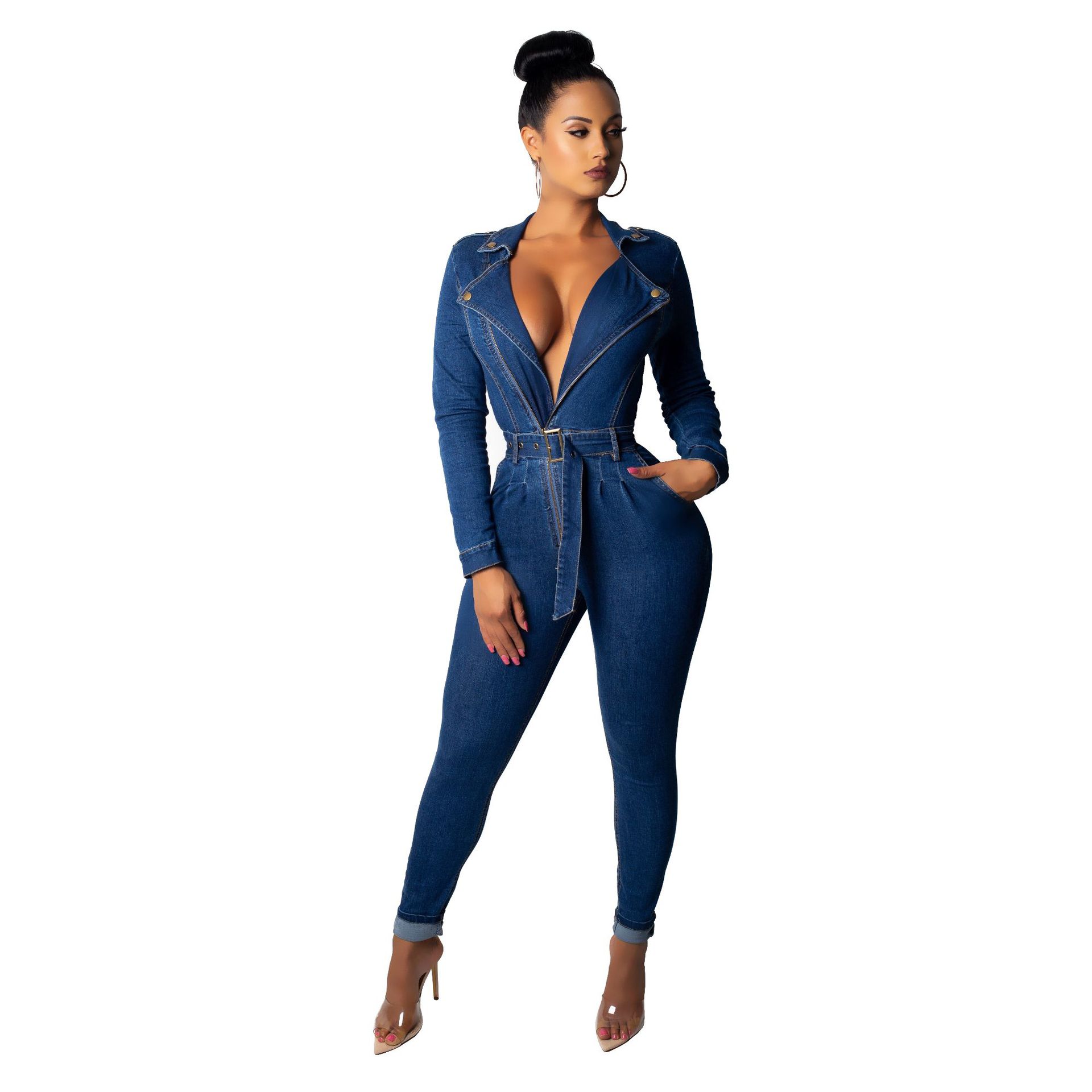 R&G Boutique women's denim bodysuit featuring a fitted design with long sleeves and a scoop neckline on a mannequin.