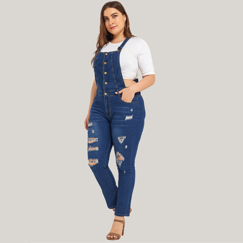 Ripped denim overalls from R&G Boutique featuring distressed details, adjustable straps, and classic bib design.